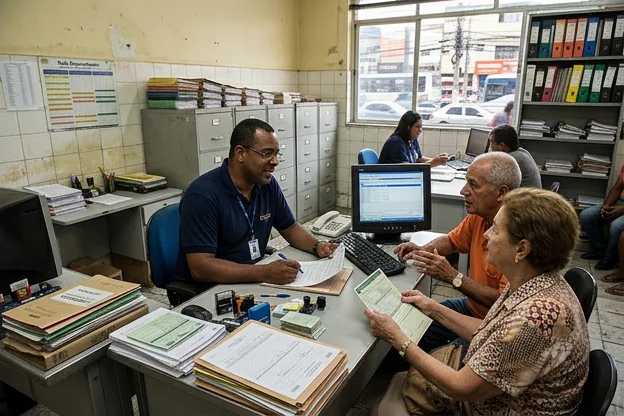 Despachante trabalhando em Duque de Caxias, ajudando clientes com documentação.
